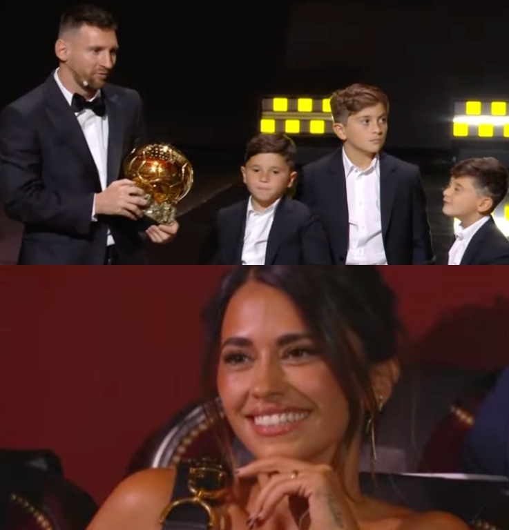 Lionel Messi celebrando El Octavo Balón de Oro junto a sus hijos en plena ceremonia. Y a la distancia, Antonela con una sonrisa inmensa. El 10 no solo le ganó al fútbol, también le ganó a la vida. IMPOSIBLE NO EMOCIONARSE.