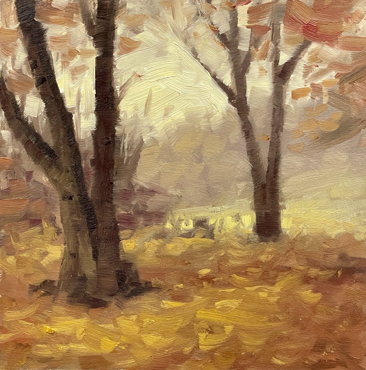 Overcast skies cast soft light over the autumn landscape, damp with the residue of perpetual drizzle. Far from dreary, I welcome the moisture, for it enlivens the colors in depth and saturation.

5x5" oil of panel.

#pleinair #painting #fall #autumn #oilpainting #nature