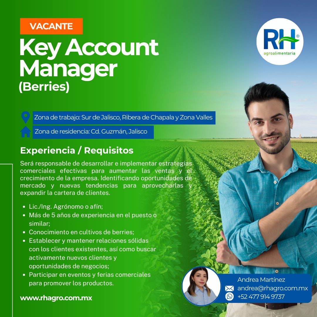 AgroRh's tweet image. 🎉 NUEVA #VACANTE  #KeyAccountManager #Berries #Jalisco
Detalles: careers.talentclue.com/en/node/101080…
📷Contacto: Andrea Martínez
📩 andrea@rhagro.com.mx
📲 477 9149737

#VacanteActiva #SectorAgroalimentario #México
