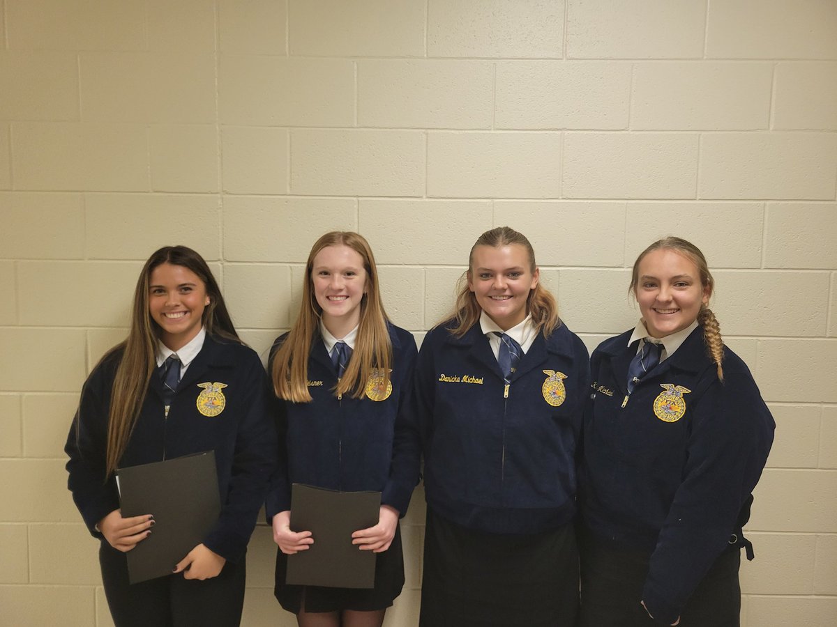 Best of Luck to Emilie, Kamryn, Danicka, and Katelynne at the District Job Interview Contest.  
They each wrote a cover letter and resume before the contest, and tonight they will do an application, in-person interview and follow-up letter.