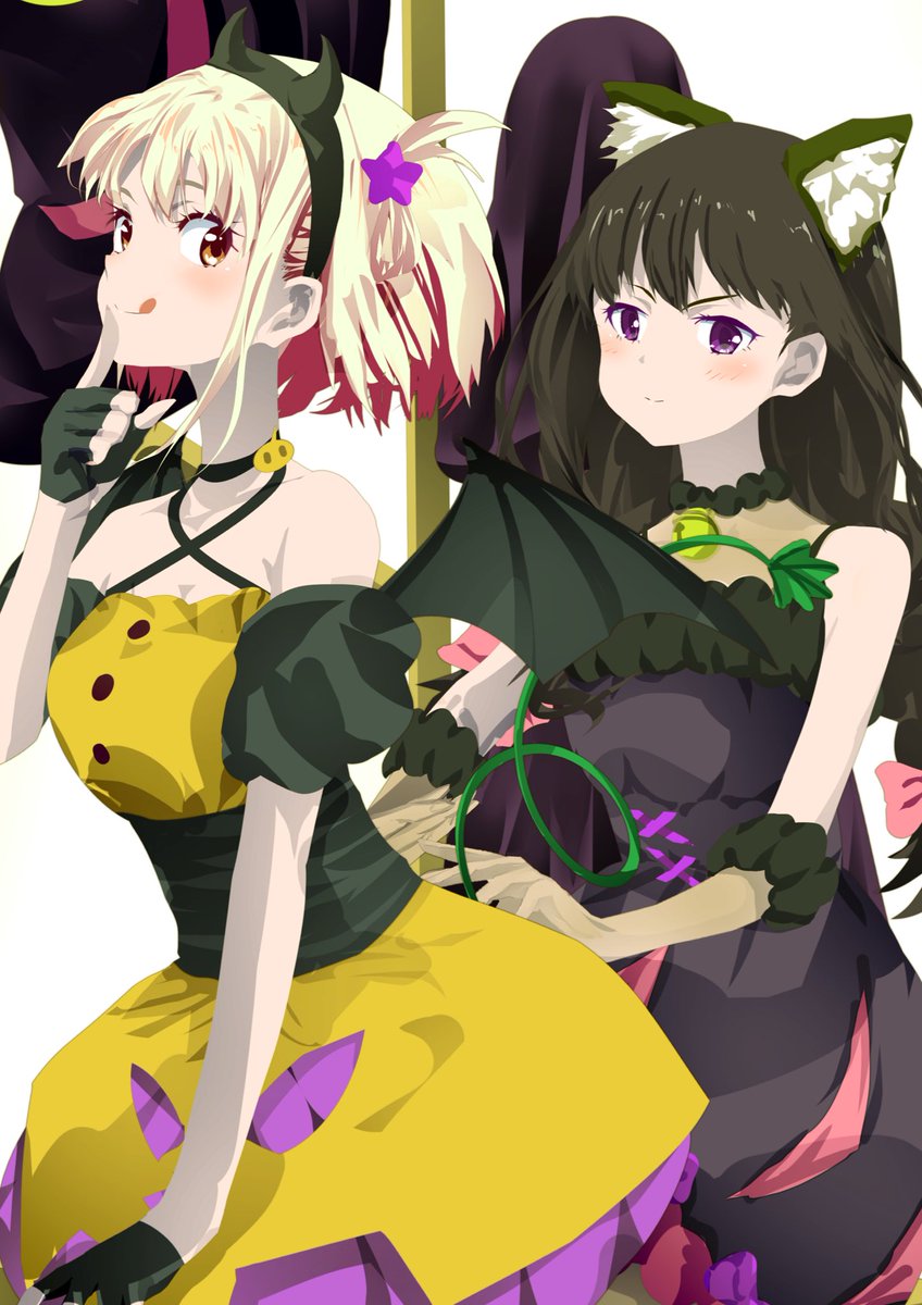 inoue takina ,nishikigi chisato multiple girls 2girls blonde hair animal ears dress purple eyes black hair  illustration images