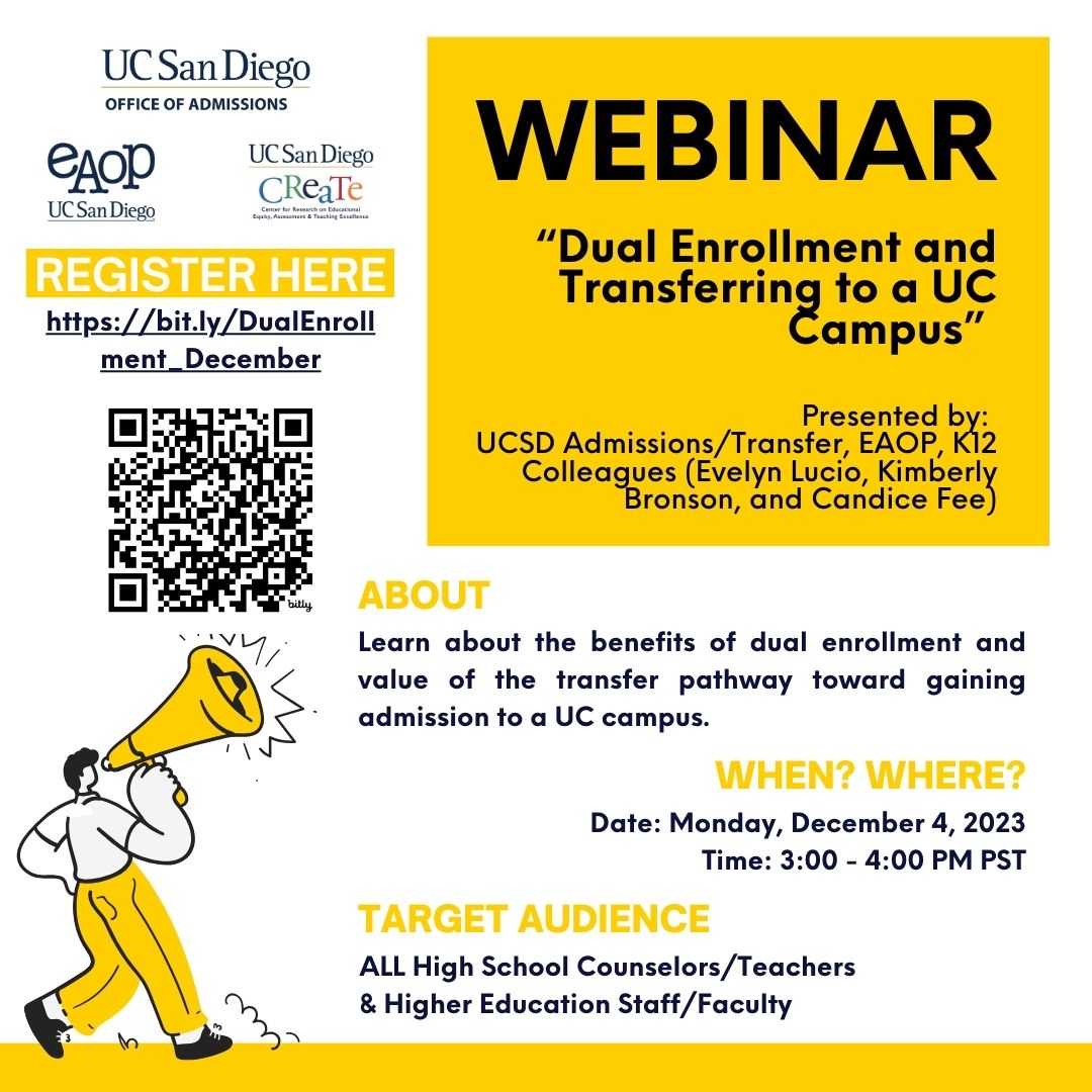 📚 Discover the power of Dual Enrollment & UC Transfers! Join UCSD Admissions, EAOP, and K12 Colleagues on December 4, 3-4 PM PST. High School Counselors, Teachers, and Higher Ed Staff, this is for you! 🌟 Register here: bit.ly/DualEnrollment…