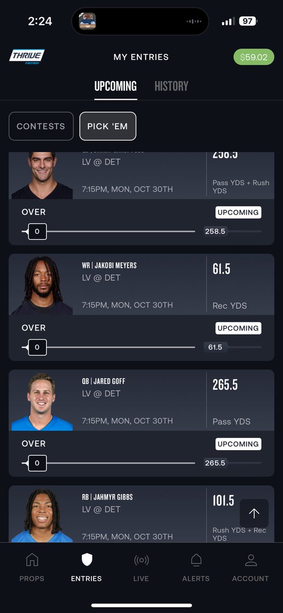 hotshotfantasy's tweet photo. Last day of #Proptober so minus well have some correlation and hope a miracle happens 😂🫡 #NFL #MNF #DFS #GamblingTwitter #GamblingX #BrandedFeatures #ThriveFantasy https://t.co/FCWgbENsy5