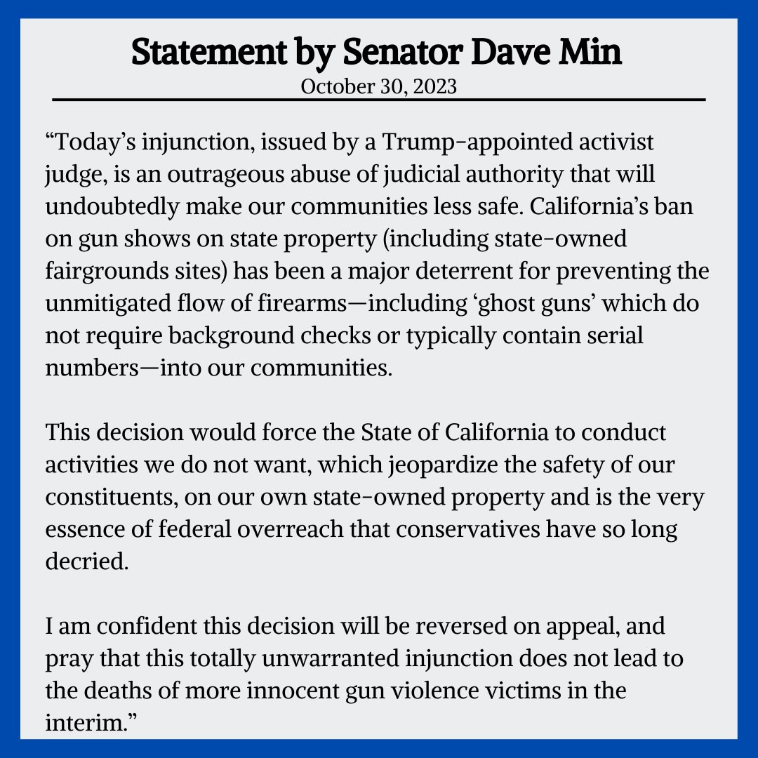 My official statement in response to attempts to overturn California’s ban on gun shows held on state property.