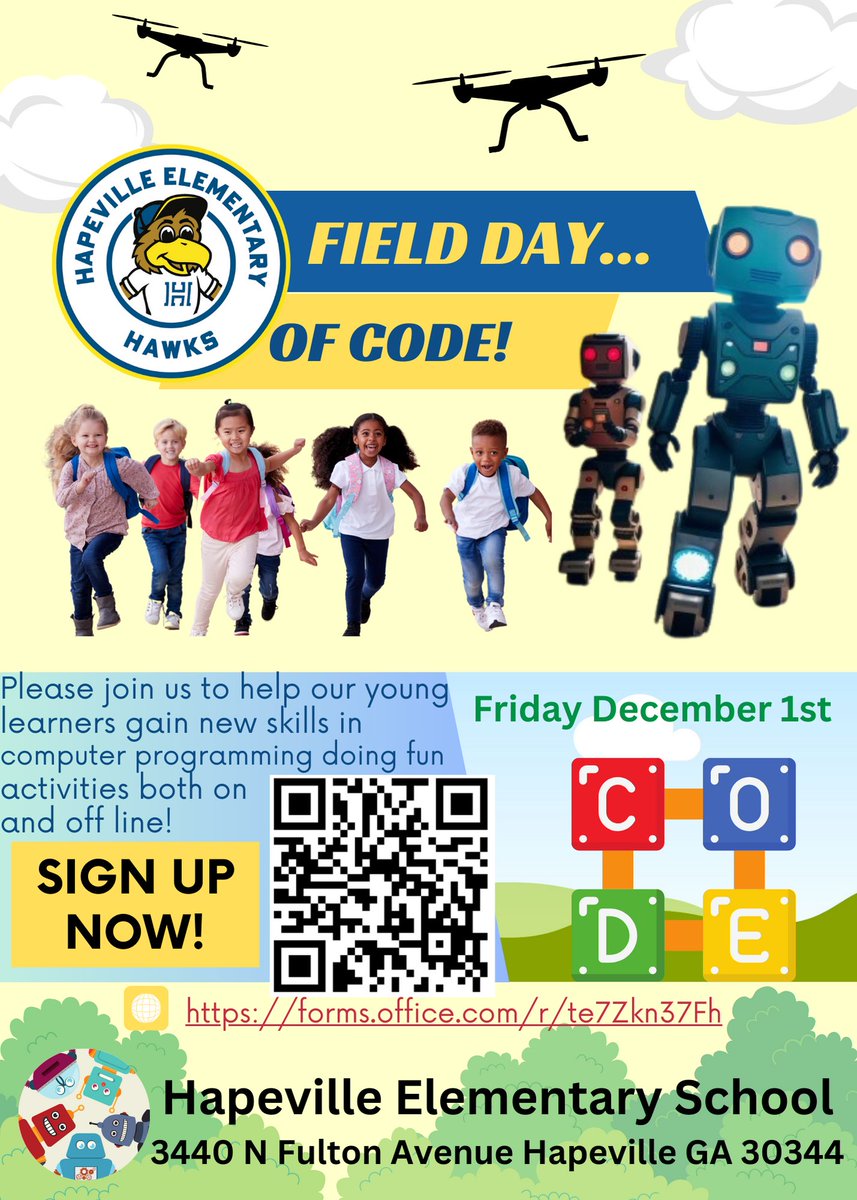 We have another amazing event coming up! #computerscienceeducationweek is coming and #code activities always engage our students in incredible ways. If you want to join us use the QR code or link to sign up! #hourofcode It's our Field Day of Code! Friday December 1 @DrCSLPadgett