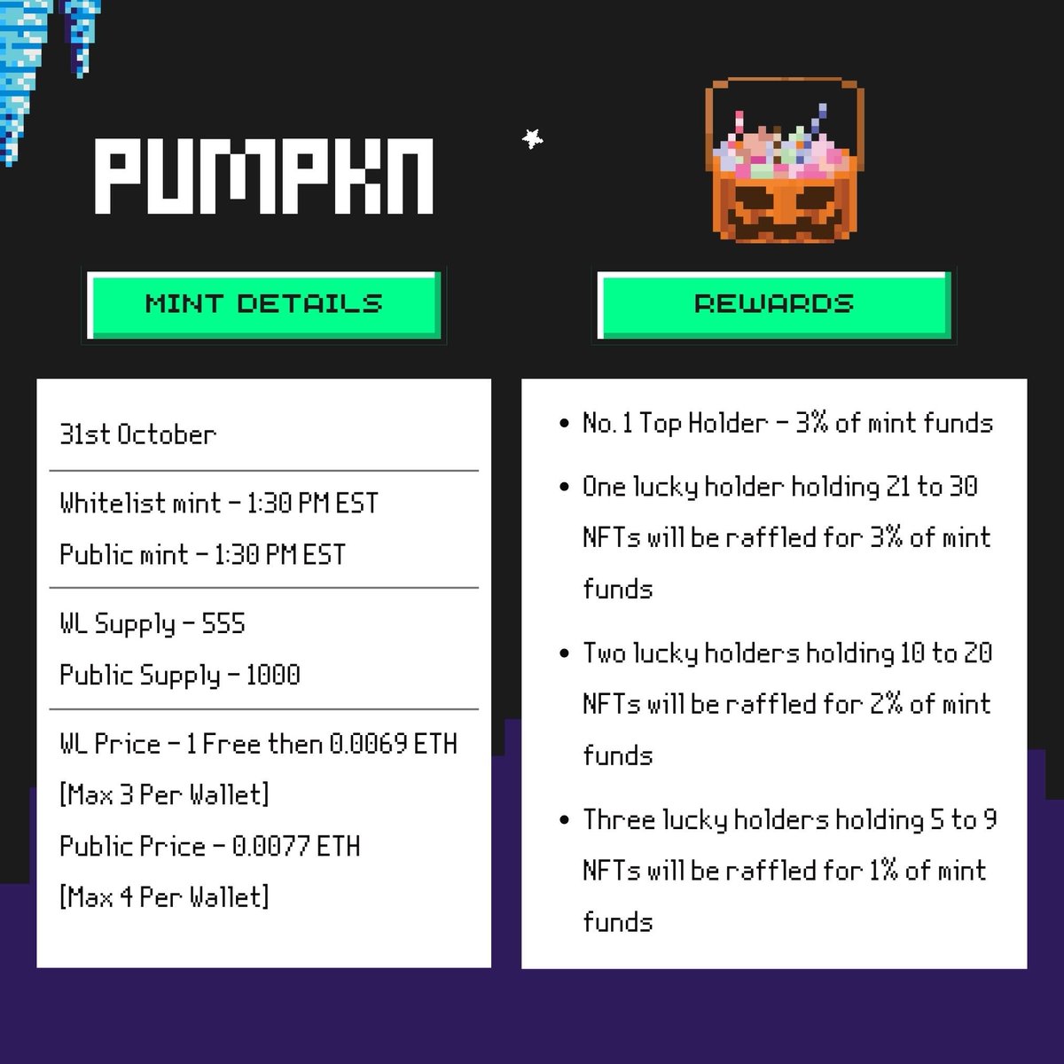 🎃PUMPkn Mint Details [Final WL]🎃

Time - 1:30 PM EST, 31st October

The Whitelist window will be 1 hour after which all whitelist supply will move to public.

Refer to the image for complete mint mechanics &amp; rewards.

🧡+🔁+ Drop ETH address 

We will be handpicking 10 final
