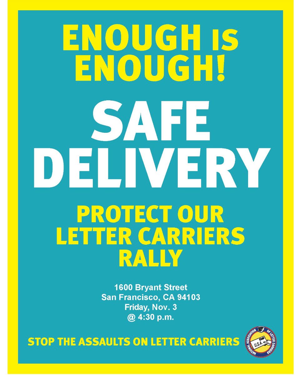 NALC_National's tweet photo. Letter carriers are set to rally at two more locations over the next week: San Francisco, CA on Friday, Nov. 3, and Detroit, MI on Monday, Nov. 6. If you are in the area, please join us as we continue to demand protection for letter carriers and safety on the job. #EnoughIsEnough https://t.co/xaXLb67dPQ