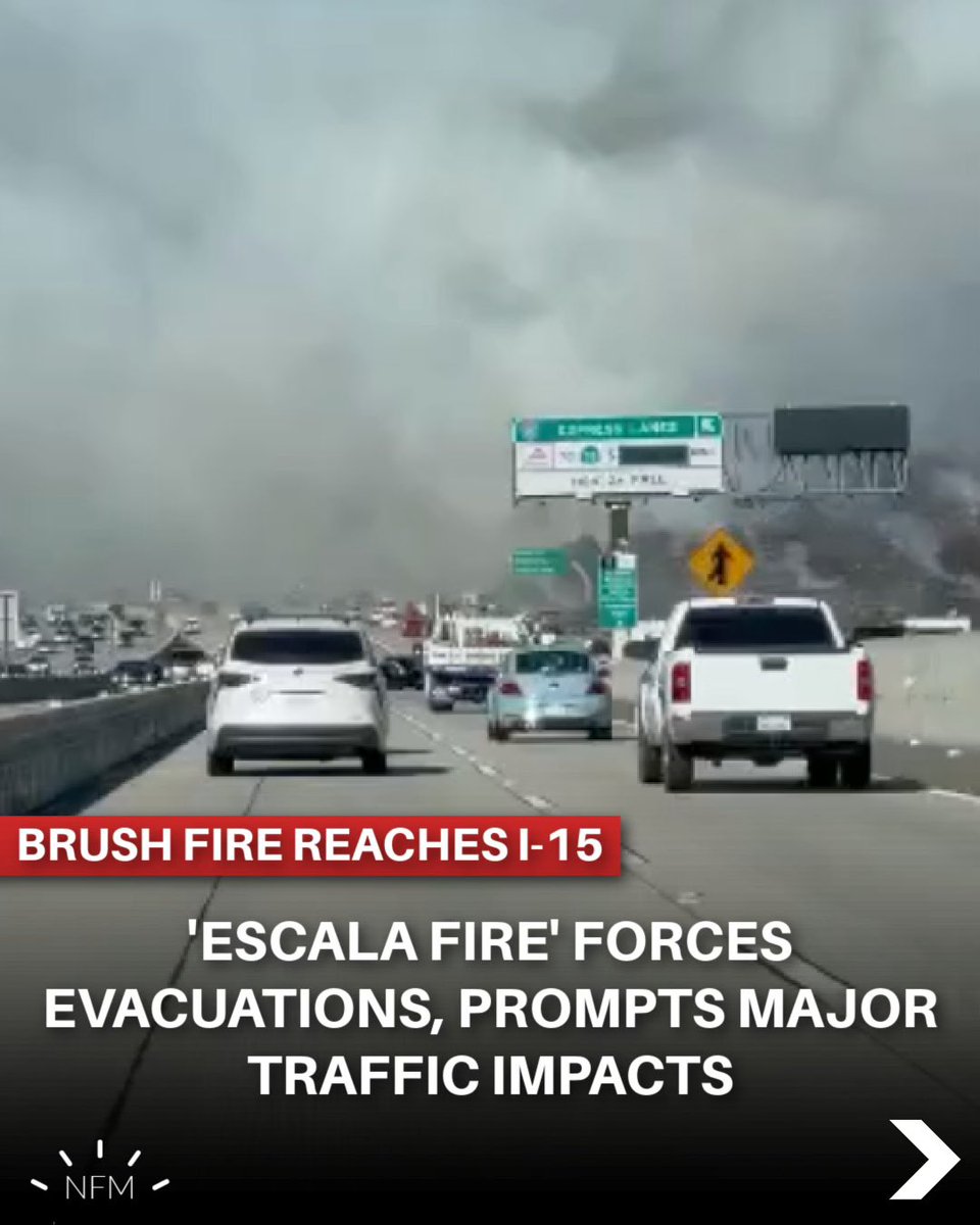 NewsFlashSD's tweet photo. #EscalaFire reaches Interstate 15, forces evacuations and major traffic impacts in and out of #NorthCounty this afternoon:
Video & more info ➡️ https://t.co/fVSa7PMM50 https://t.co/MsaF6x4jto