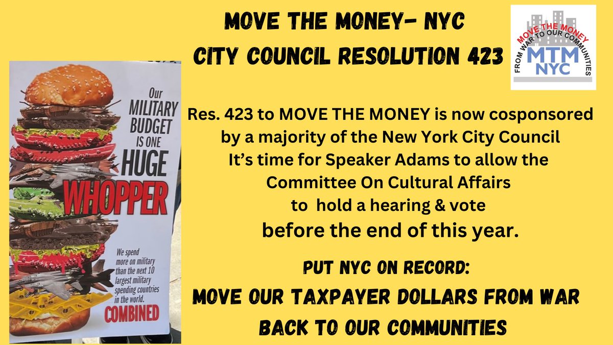MoveTheMoneyNYC's tweet photo. CHANGE  OF PLANS: We will be at City Council Stated Mtg Thurs. 11/2 at noon to tell @NYCSpeakerAdams  to allow hearing &amp; vote before the end of this year. She controls what the City Council can  do! We must ensure Resolution 423 is passed  before the end of this year! Join us. https://t.co/CrJnyDLOpH