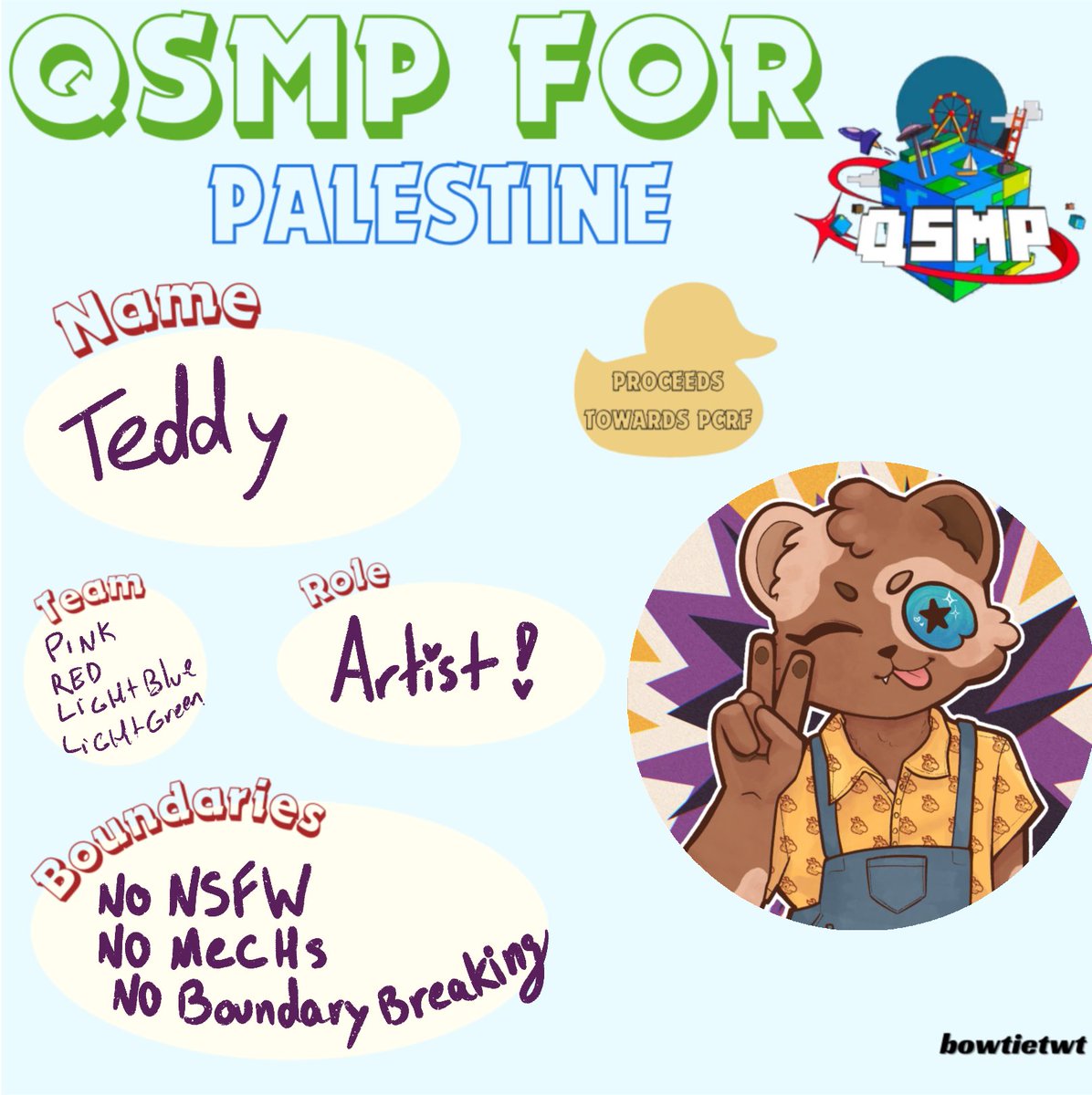TardisGrump's tweet photo. I will be Participating in #QSMPFORPALESTINE from October 29th to November 8th! All donations will be going to the Palestine Children Relief Fund and I will be making art for all tiers except that ellow! The donation link and examples are in the replies! https://t.co/R7ITW0FXsN