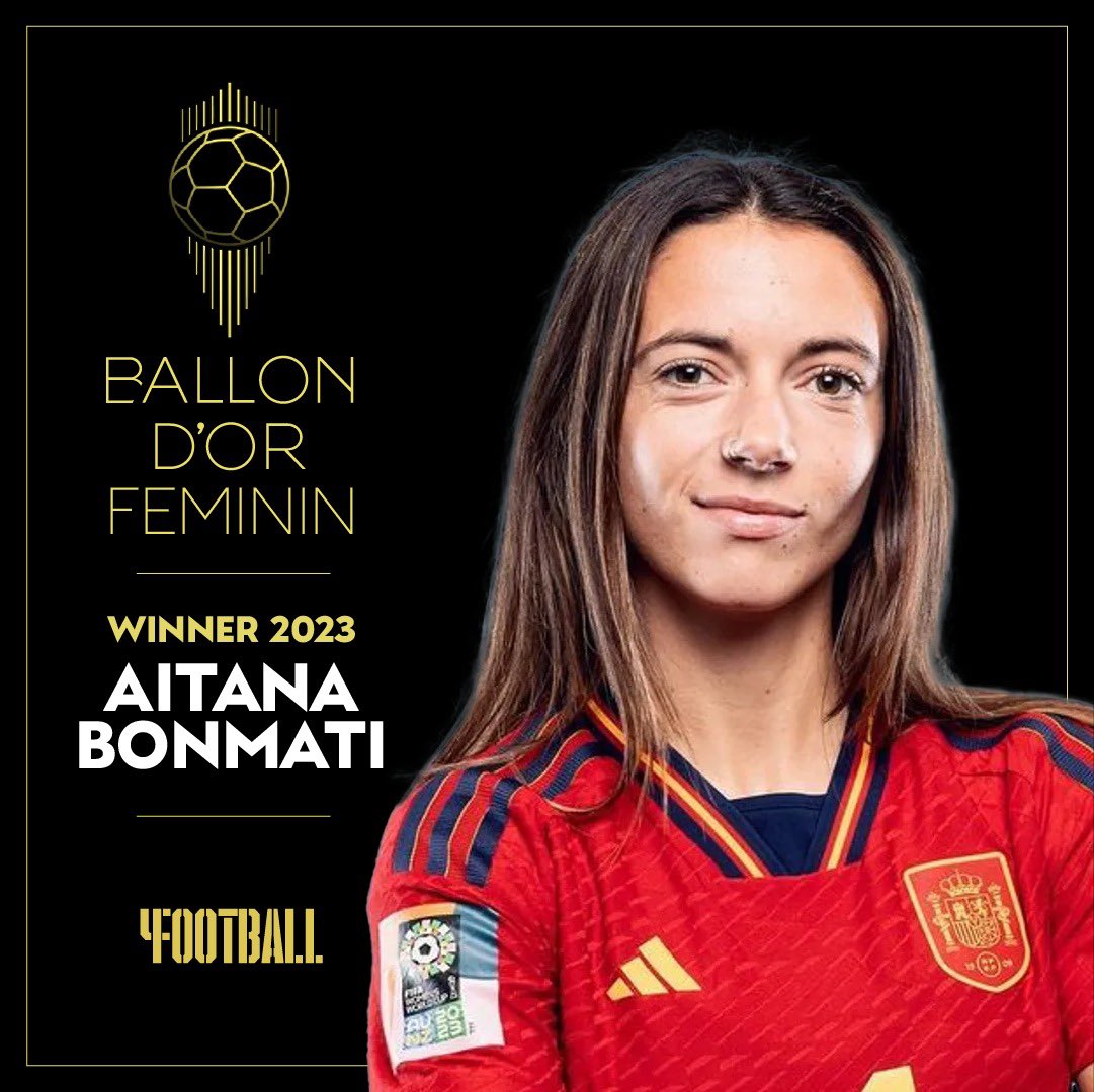 Zone4Football's tweet photo. 🇪🇸🏆The Spanish football dominance continues! The Spanish @AitanaBonmati is the winner of the 2023 Women's Ballon d'Or.
The Catalan won her first women's gold ball, crediting her as the best women's football player in 2023. https://t.co/hVfND3gtXP