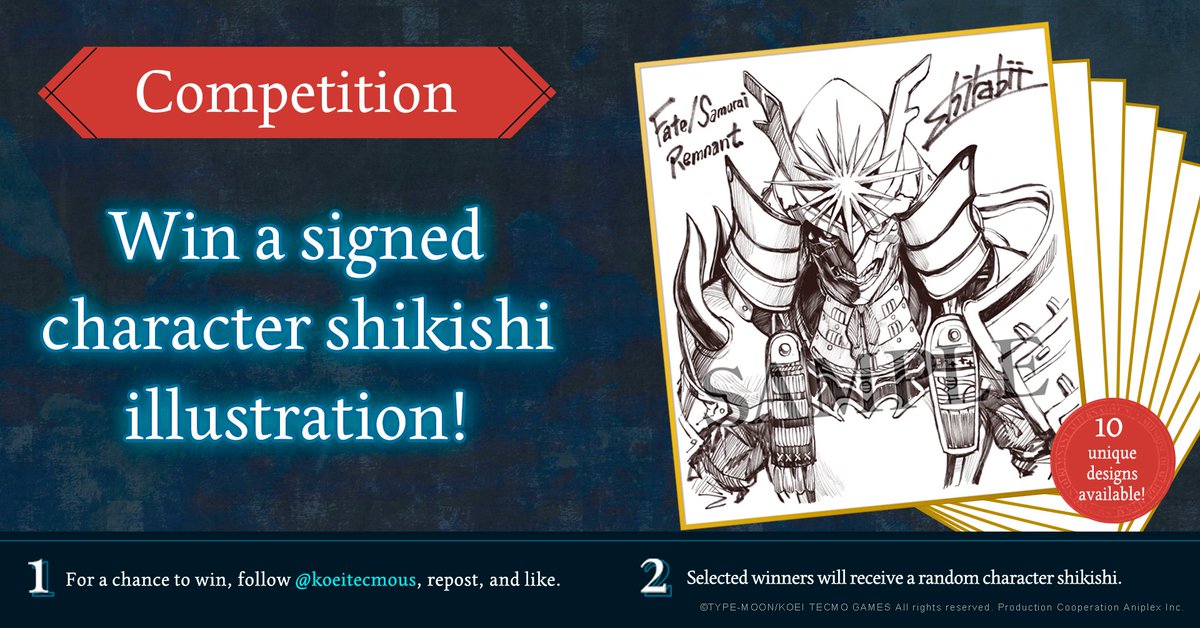 KoeiTecmoUS's tweet image. Another giveaway! 

Want to win a Character Shikishi from Fate/Samurai Remnant? 

1) Follow us and repost the Accolades Trailer! 

2) Leave a comment about what you like about #FateSR! 

Selected winners will receive a random character shikishi.  This