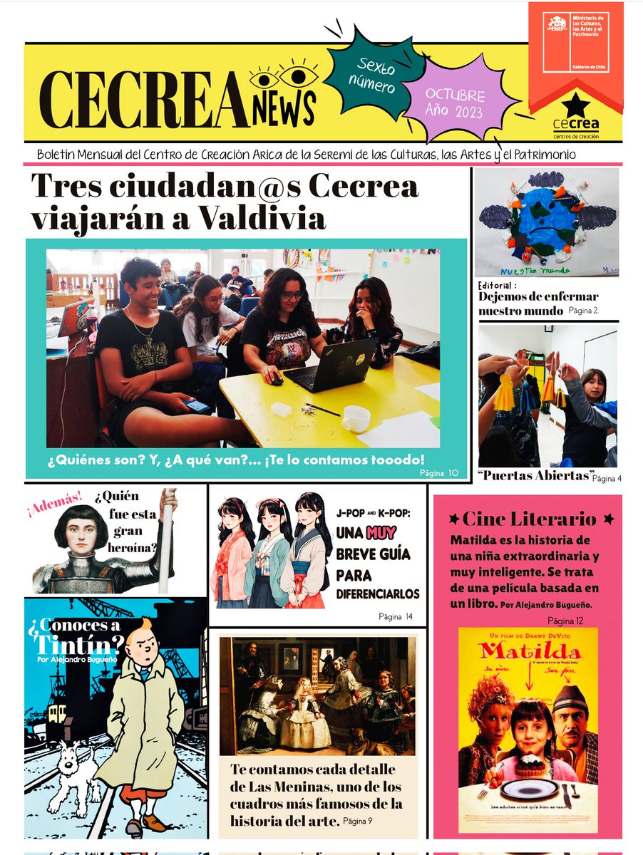 Les compartimos el sexto número de nuestro Boletín Mensual CecreaNews, donde contamos todas nuestras experiencias de octubre. Léelo aquí: calameo.com/read/007380986…
<a href="/Cultura_Arica/">SEREMI_Culturas_Arica</a> <a href="/Kateryn_Garzon/">Kateryn Garzón</a> <a href="/VoceriaArica/">Vocería Arica</a> <a href="/Cecrea_cultura/">Cecrea</a> <a href="/culturas_cl/">Ministerio de las Culturas</a>