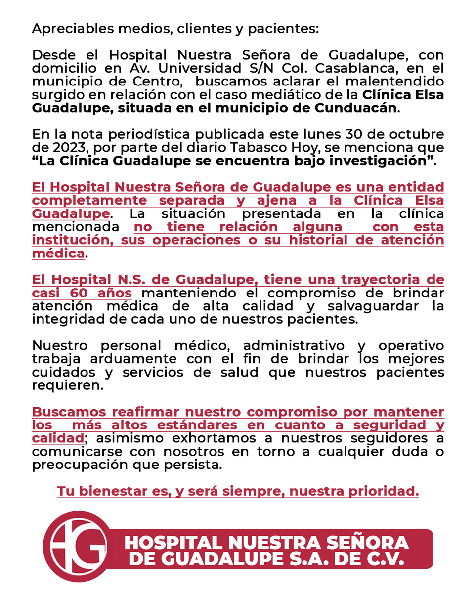 📃 | A nuestra apreciable comunidad y público en general:

Desde el Hospital Nuestra Señora de Guadalupe brindamos la siguiente aclaración en torno a una nota periodística emitida por el diario <a href="/TabascoHOY/">Tabasco HOY</a> COMPLETAMENTE AJENA a esta institución.
