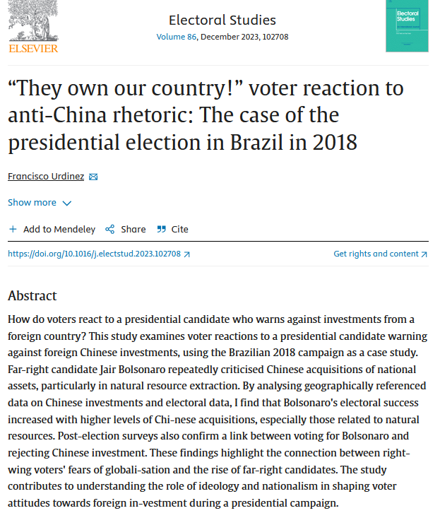 FranciscoUrdin's tweet photo. New article @ElectoralStdies! 
China has become a topic of debate in presidential campaigns in South America. What electoral effects does an openly anti-China campaign have on voters? I analyze the reaction against the purchase of strategic assets. 

Link: https://t.co/rqV16qOy7h https://t.co/LRN3Xvk1uE