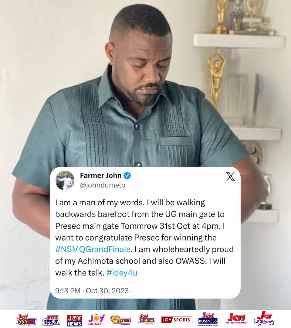 I'll be walking backwards barefooted from UG main gate to PRESEC main gate  tomorrow - John Dumelo #NSMQonJoy #NSMQGrandFinale, image size:959x1080