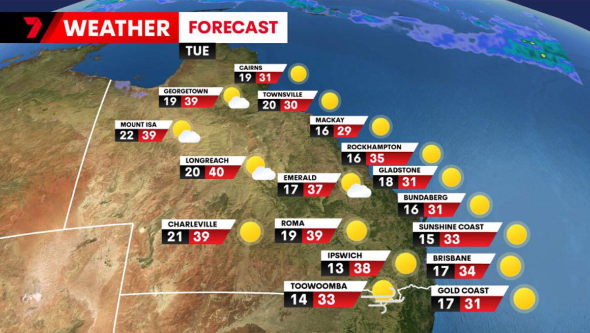 It's Tuesday, and it's going to be a hot one!

Western QLD close to 40 degrees with strong winds and extreme fire dangers over the Darling Downs.

Seabreezes will keep coastal parts of the SE in the low to mid 30s.

Keep those fluids up folks, and don't forget your pets!