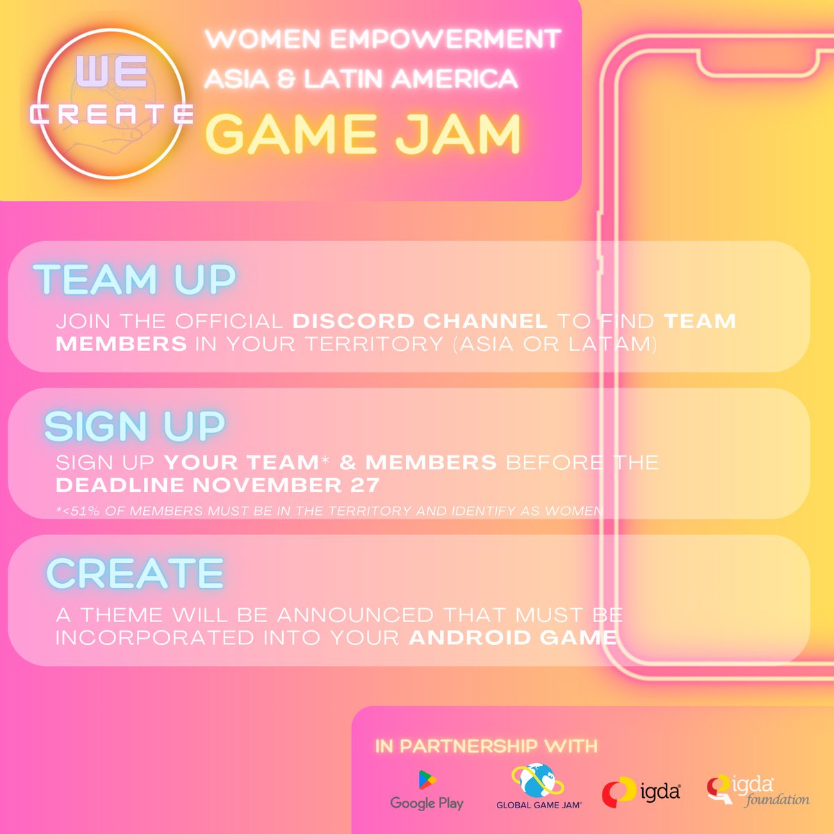 IGDAFoundation's tweet photo. ICYMI - We formed the dream team with @globalgamejam and @IGDA, in partnership with @GooglePlayBiz, for the creation of WE CREATE GAME JAM!

To learn more, go to https://t.co/uObkNl5BCt

#gamejam #womeningaming #androiddeveloper #devsofcolor https://t.co/9x3S8qmd35