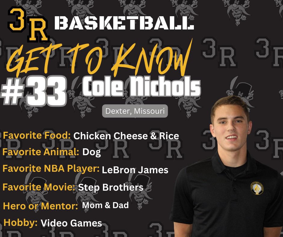 🏀 2023-2024 Player Intro’s 🏀

GET TO KNOW your Raiders ‼️

🟡 Cole Nichols
⚫️ 6’1 Guard 
🟡 Freshman

#Weare3R