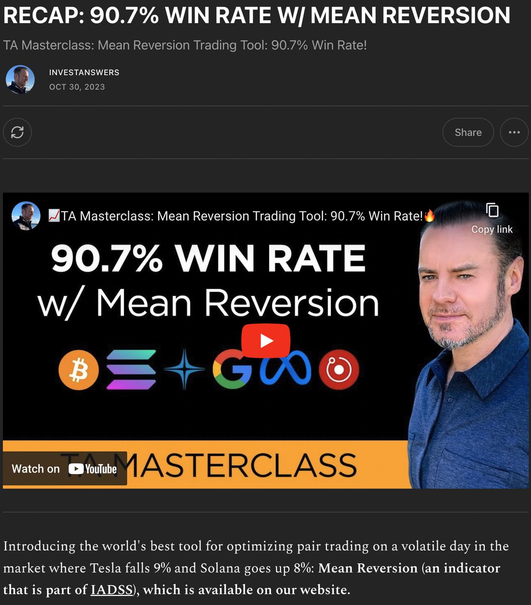 Investanswers's tweet image. 🚀Mean Reversion Trading RECAP: Boasting a 90.7% WIN RATE using Mean Reversion! Enjoy the deep dive into this unbeatable trading method. Want life-changing content for FREE? 📈 Subscribe to my Substack NOW! 🔥 #TradingSecrets #WinningStrategy open.substack.com/pub/investansw…