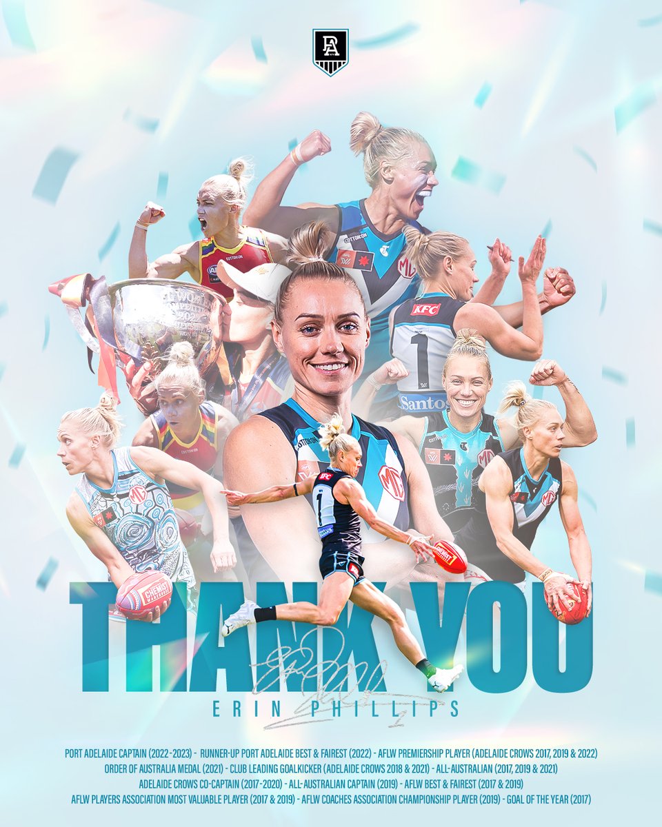 pafc_w's tweet photo. After eight seasons and countless team and individual accolades, Erin Phillips has called time on her AFLW career 🐐

Thank you and congratulations, Flip ❤️

📝 https://t.co/RrMbqDfhWT https://t.co/O0CNhTYLwm