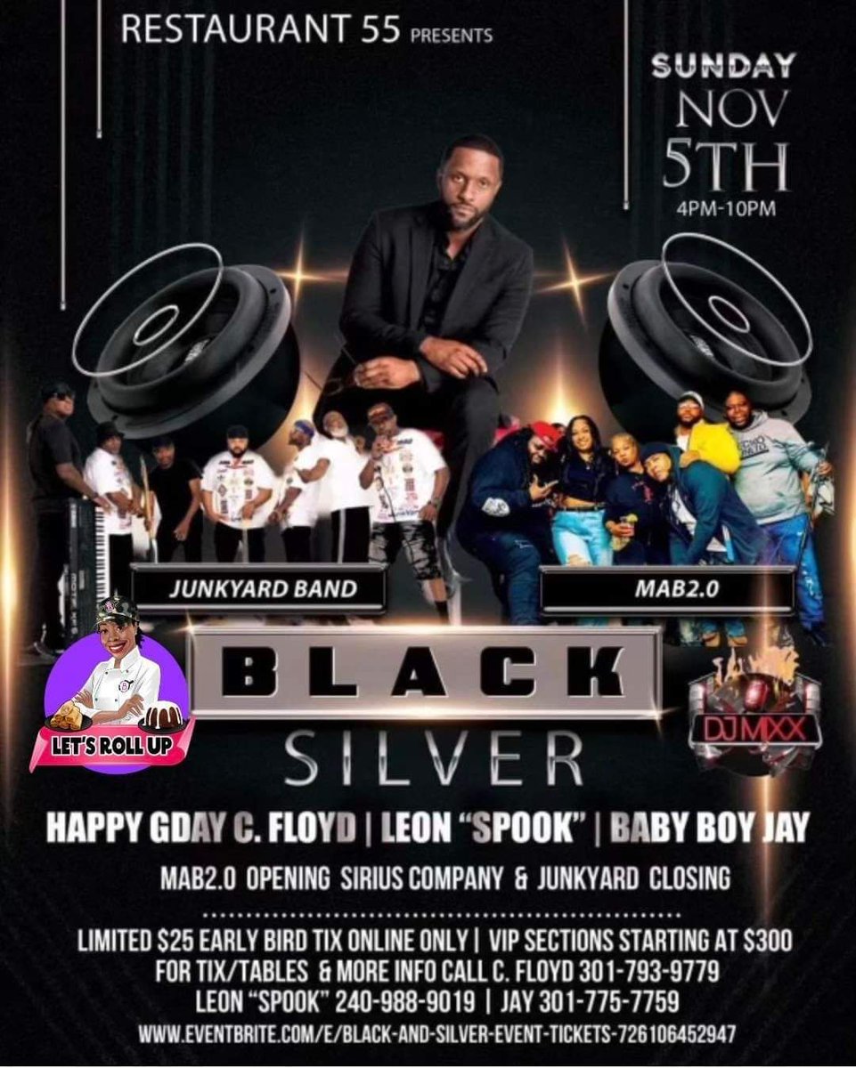 BabyboyprodJay's tweet photo. RESTAURANT 55 &amp; BABY BOY PRODUCTIONS 

Presents 

BLACK AND SILVER 

SUN, NOV 5th
4PM - 10PM 

BLACK &amp; SILVER

LIVE 
JUNKYARD
SIRIUS COMPANY
MAB 2.0

1'S &amp; 2'S
DJ MIXX

FOOD PROVIDED BY SHE B COOKIN1 NATASHA KELLY

Tix/Tables Jay 301-775-7759  Online - 
https://t.co/iKiNdaE94z https://t.co/dYPsmWA3Yg