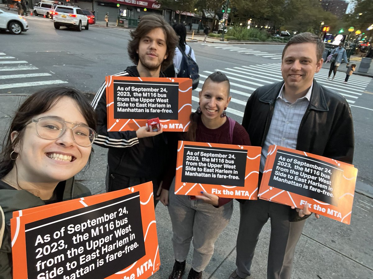 e_lemmerman's tweet photo. Spreading the good word of the free bus 🚎
Everyone we talked to was excited to hear: the M116 bus is now fare-free!
Sign up to talk to more NYers about the free bus: https://t.co/2w9hrXiHOP
#FixTheMTA https://t.co/BUdLSWyCkE