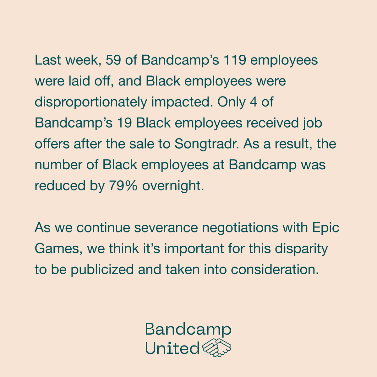 We wanted to share some demographics around these layoffs so our supporters are able to follow along. These numbers include the whole staff at Bandcamp (including non-union eligible workers), but are important to keep in mind as we continue to negotiate severance with Epic Games.