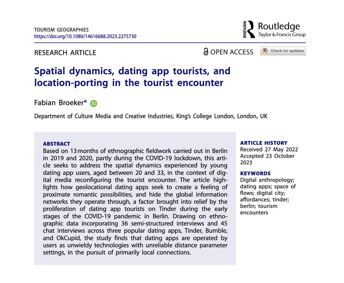 🚩 Just out in #TourismGeographies ❤️ 'Spatial dynamics, dating app tourists, and location-porting in the tourist encounter' 🚹 Author: @BroekerFabian, @KingsCollegeLon See: tandfonline.com/doi/full/10.10…