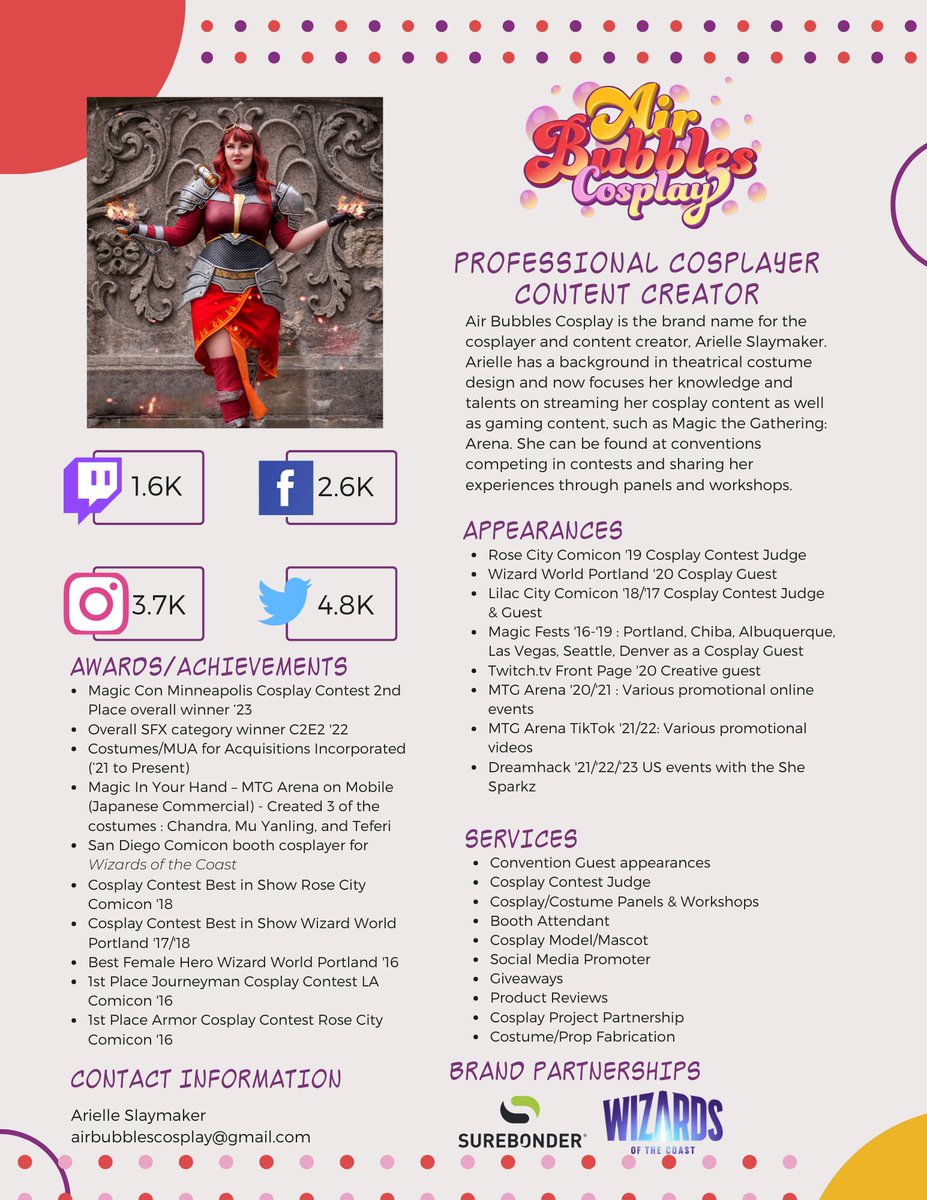 AirBubbles's tweet image. If you know a company/person looking for costume or makeup work please feel free to reach out to me or send them my email (airbubblescosplay@gmail.com). 

Here's my media kit as well.

I would like to NOT go back to tech, I would like to cont. creating. #cosplay #costumer