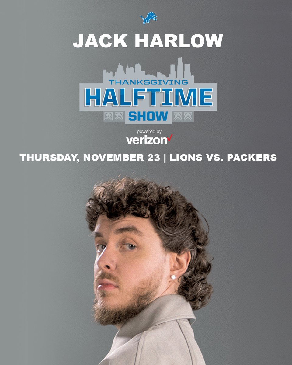 Just announced! @jackharlow will be the performer for our Thanksgiving Halftime Show powered by @Verizon! 📰 detroitlions.com/news/detroit-l…