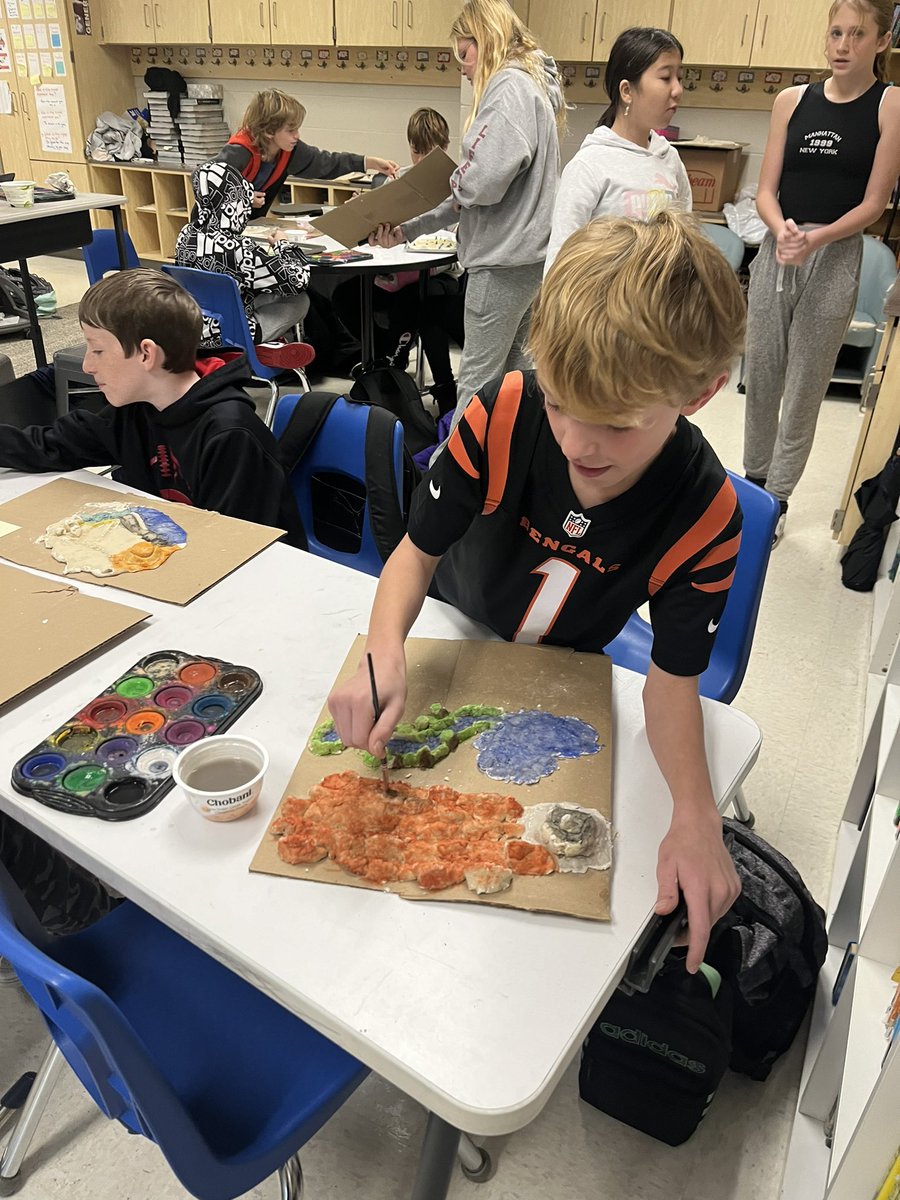 thedevineone's tweet photo. Summit sixth graders working on their salt dough maps. Creating a perfect region that would support hunters/gatherers settling down. https://t.co/ddfBT0kkbp