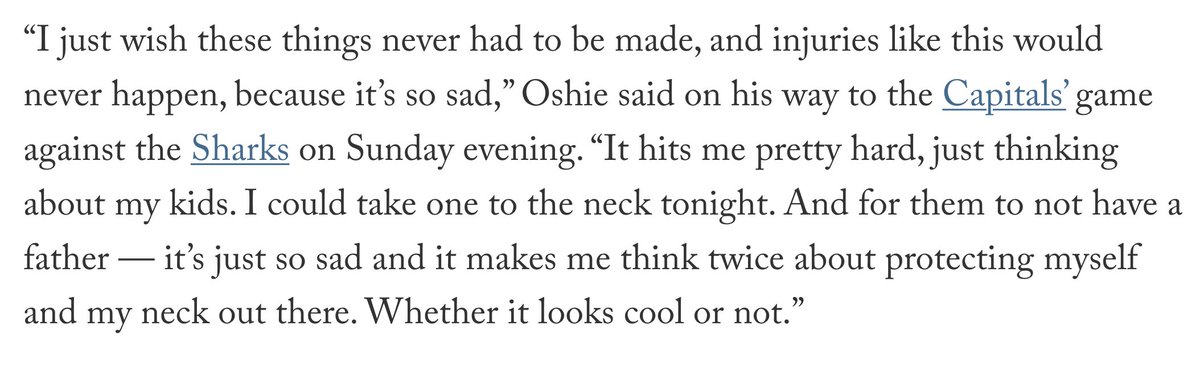TJ Oshie has a company that makes cut-resistant shirts to protect hockey players' necks. But even he never wears it. 

After Adam Johnson's death, he ordered five of them. 

This is what he told me on his drive to the rink for yesterday's Caps game:
theathletic.com/5011263/2023/1…
