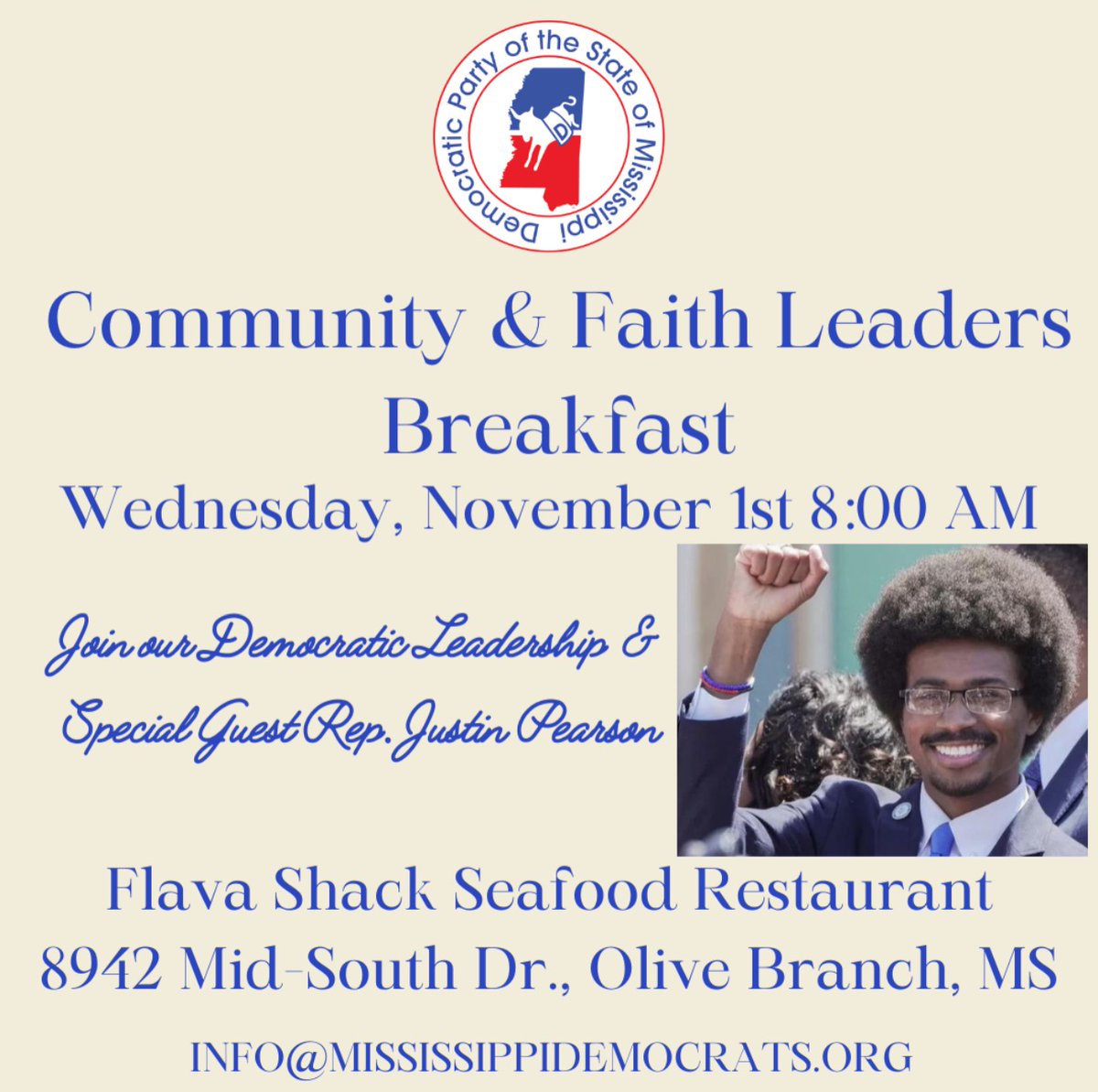 Dianne4Congress's tweet photo. Tennessee Representative Jason Pearson is coming to Olive Branch, #Mississippi Wednesday 11/1/23, 8am, at the Flava Shack to help get out the vote for #Mississippi #Democrats.
#DianneBlack
#BrandonPresley
#GretaMartin
#TyPinkins
#HesterJacksonMcCray
You coming too? https://t.co/hfzY2ARSd8