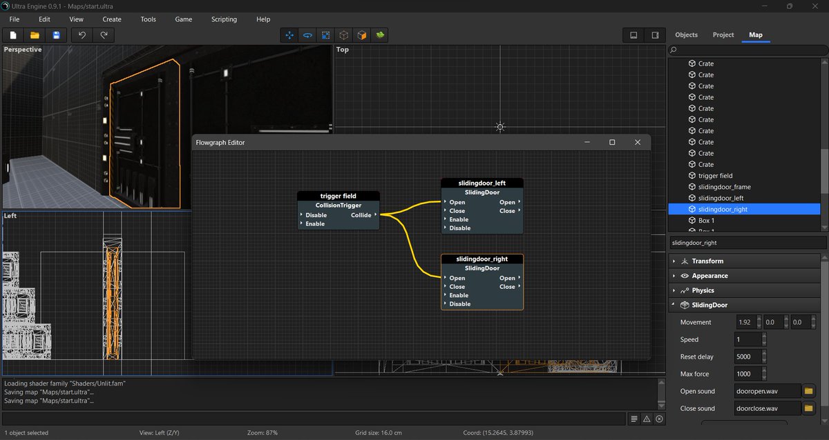 Leadwerks's tweet image. Flowgraphs are working in Ultra Engine 0.9.1 now, with C++ and Lua. Multiple components per entity are supported. #gamedev #indiedev #vulkanapi