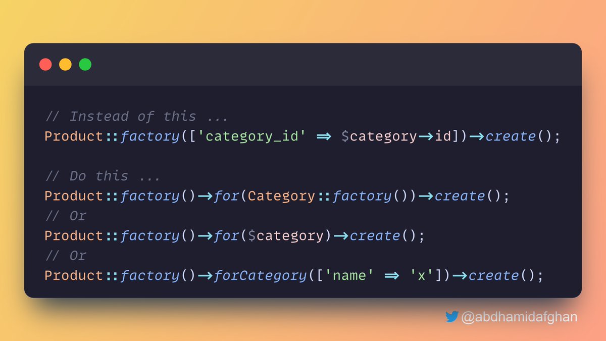 CyberMullah's tweet image. #Laravel Tip for writing tests and factories. You&apos;re able to use the `for()` method for belongs to relationships.

See the below example. 
More tips hamidafghan.me/blog/laravel-e…