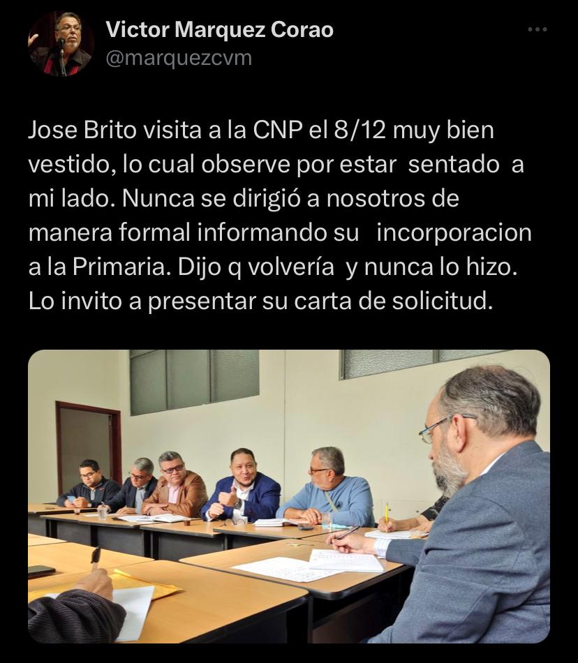 QPEV_'s tweet image. #Vea #Destacados #30Octubre  El miembro de la CNDP, Victor Marquez Corao, aseguró que el diputado José Brito “nunca se dirigió a nosotros de manera formal informando su incorporación a la Primaria. Dijo q volvería y nunca lo hizo. Lo invito a presentar su carta de solicitud”.