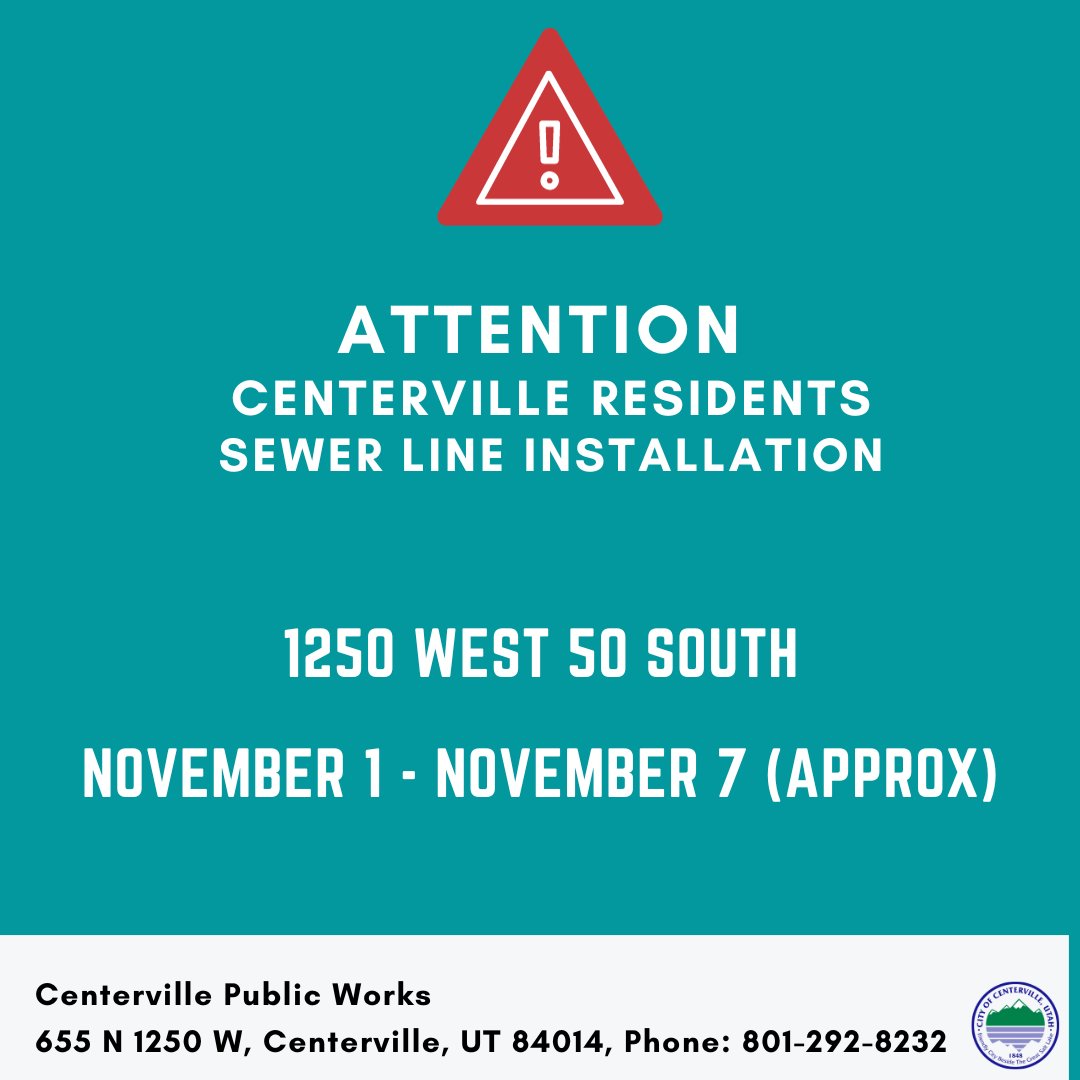Please be advised of this change in traffic on 1250 West and 50 South.  Flaggers will be in the area directing traffic for a sewer line install. #centervilleutah #publicworks #sewer