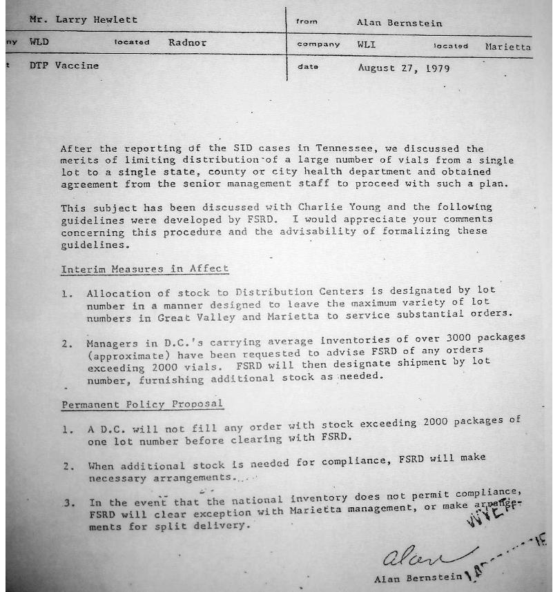 Inversionism's tweet photo. This one memo breaks the illusion that these pharmaceutical companies care about the health of your new born infant. Here's the infamous DTP vaccine memo.

In 1979, just a few years before the 1986 vaccine act was passed, which was heavily lobbied for by Wyeth (bought by Pfizer in 2009), there was a memo leaked on the DTP vaccines causing a significant increase in sudden infant death cases in Tennessee. 

Instead of taking honest moral measures to remove the vaccine from market, investigate the extent of the damage, and right the wrong with a settlement or compensation, they did the exact opposite. 

They developed entirely new guidelines to shuffle vials from batches across the country so if there was a bad batch that was killing babies, it didn't centralize to one state like it did in Tennessee and would make it harder to pin down the cause to the DTP vaccine. That is a literal criminal conspiracy to hide evidence and cover up the fact that the DTP vaccine was killing infants. 

This is why pharma blackmailed Reagan and the government to pass the 1986 vaccine act to give themselves full immunity. There were billions and billions of dollars in lawsuits piling up against all these corporations that was going to bankrupt them because it was indefensible, and instead of fixing their product, making it less toxic, or removing it entirely, they systematically covered it up and got the government to give them immunity. 

Pfizer, J&J, Sanofi, Glaxo... All of them need to be sued into oblivion and financially obliterated off the face of the earth.