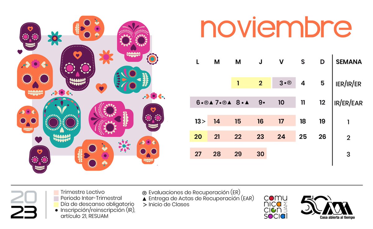 💀 ¡Consulta el calendario escolar del mes de NOVIEMBRE! ¡La UAM se une a la conmemoración del Día de Muertos!
.
#SoyUAM #UAM50
#DíaDeMuertosEnLaUAM
#CalendarioUAM
