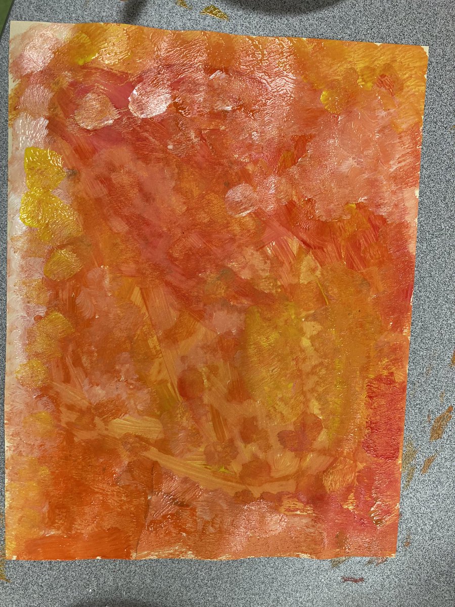 Last week the students created “painted paper” while exploring ways to blend red and yellow with orange, and also added white to create lighter tints of orange. Stay tuned to see the beautiful artwork they created with this “painted paper”!