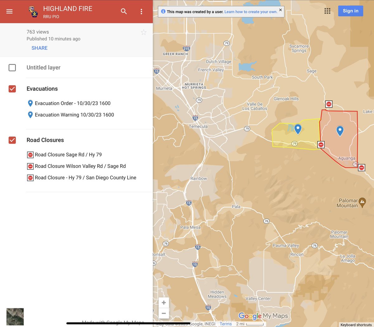 360PlumeWatch's tweet image. #highlandfire Evacuation Order map, in red. Evac Warning area, in yellow. #temecula #sage #aguangafire #watchdutyapp #watchduty
