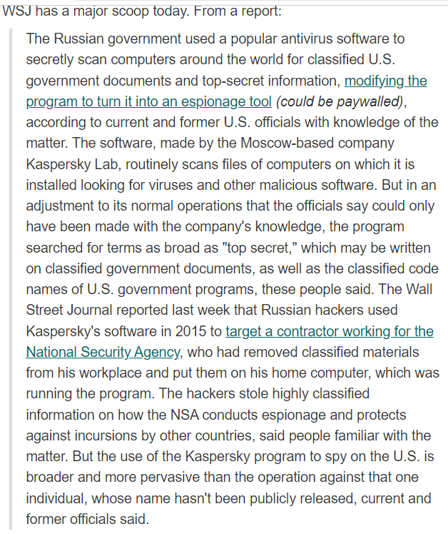 LKaspersky's tweet photo. @kolga Kaspersky Anti-Virus is HQ'd in Moscow  (same bldg as FSB) &amp; SHOULD BE BOYCOTTED.
Anti-virus software has root-level access to the computer &amp; calls home at least weekly to get updates. KAV can upload files to Moscow for inspection.
I have no connection with KAV.
See link in ALT⬇️ https://t.co/B8PNCGX2nk