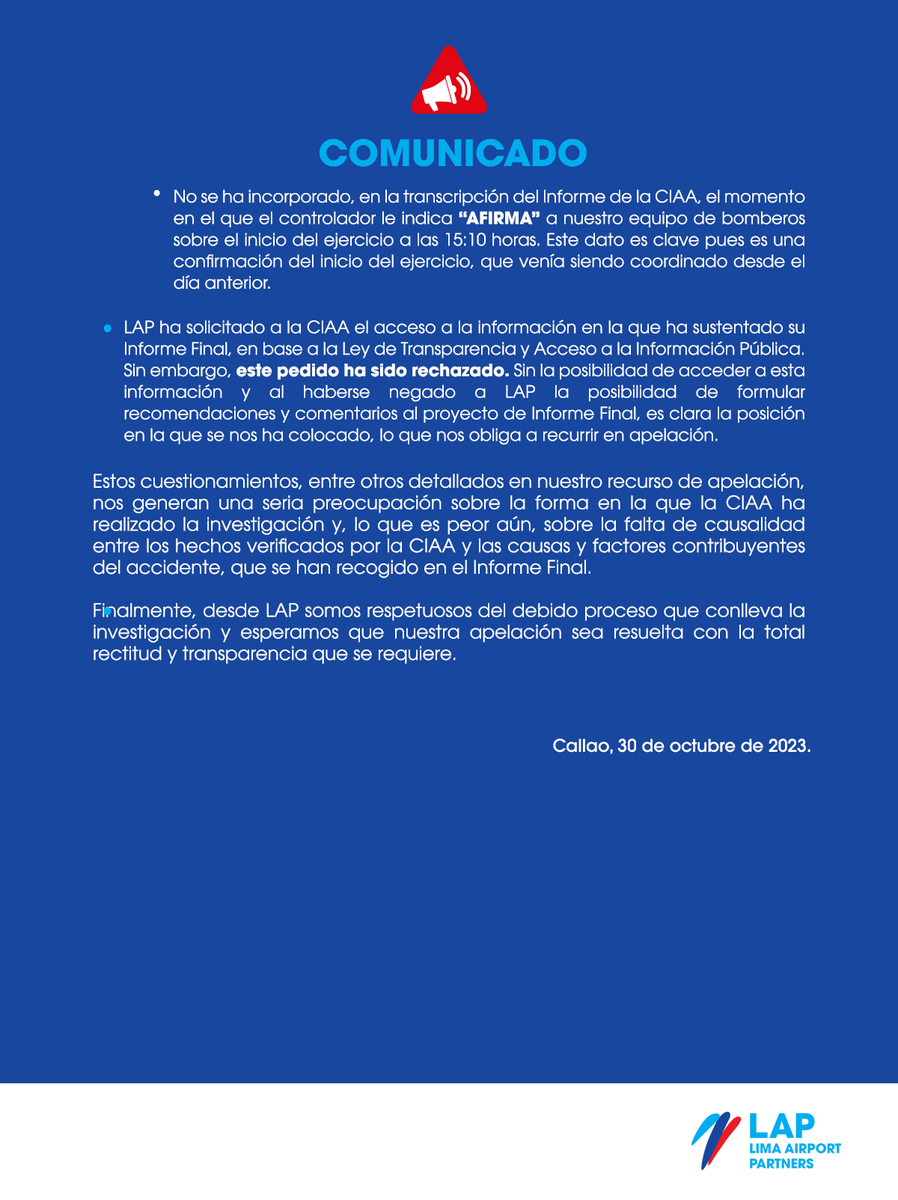 AeroJorgeChavez's tweet photo. 🚨#LAPInforma🚨
Sobre el Informe Final, emitido por la Comisión de Investigación de Accidentes de Aviación del Perú (CIAA) del @MTC_GobPeru, respecto de los hechos ocurridos el 18 de noviembre de 2 022, desde Lima Airport Partners (LAP) informamos a la comunidad lo sgte.: https://t.co/QwwFpS772Y