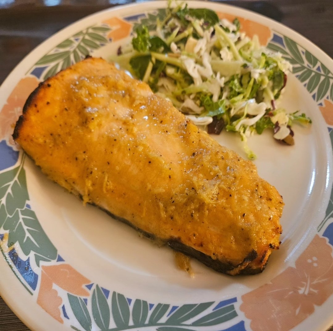 Broiled Salmon with Honey & Vermouth and Kale Poppyseed Salad 
#Salmon #honey #Vermouth #ginger #dijonmustard #kalesalad #poppyseeddressing #foodie #cookingathome #tasty #homecooking #goodeats #chefathome #homechef #healthyeats