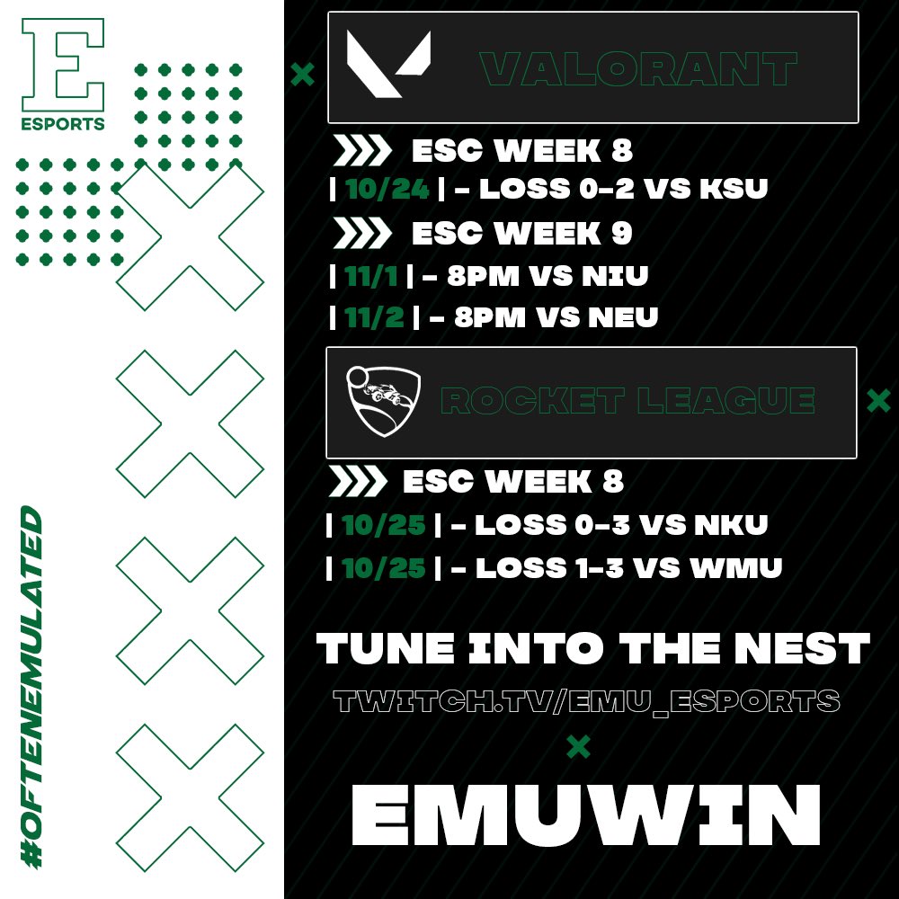 esports_emu's tweet photo. We closed out our rocket league season last week. But don’t fret. We still have valorant this week to watch!
Be sure to tune into The Nest to cheer the valorant team on while we close out this season.
#EMUWIN || #oftenEMUlated https://t.co/E5XlgnwznC
