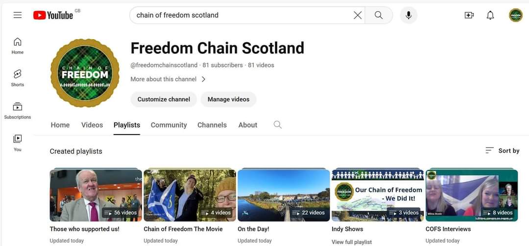 Check out our YouTube Channel.
[Freedom Chain Scotland - YouTube](youtube.com/@freedomchains…)
We have now included a Playlist for 'Chain of Freedom - Scotland The Movie' that has been produced by Lewis and team at Spvr Scotland with great assistance from our wonderful Indy folks.