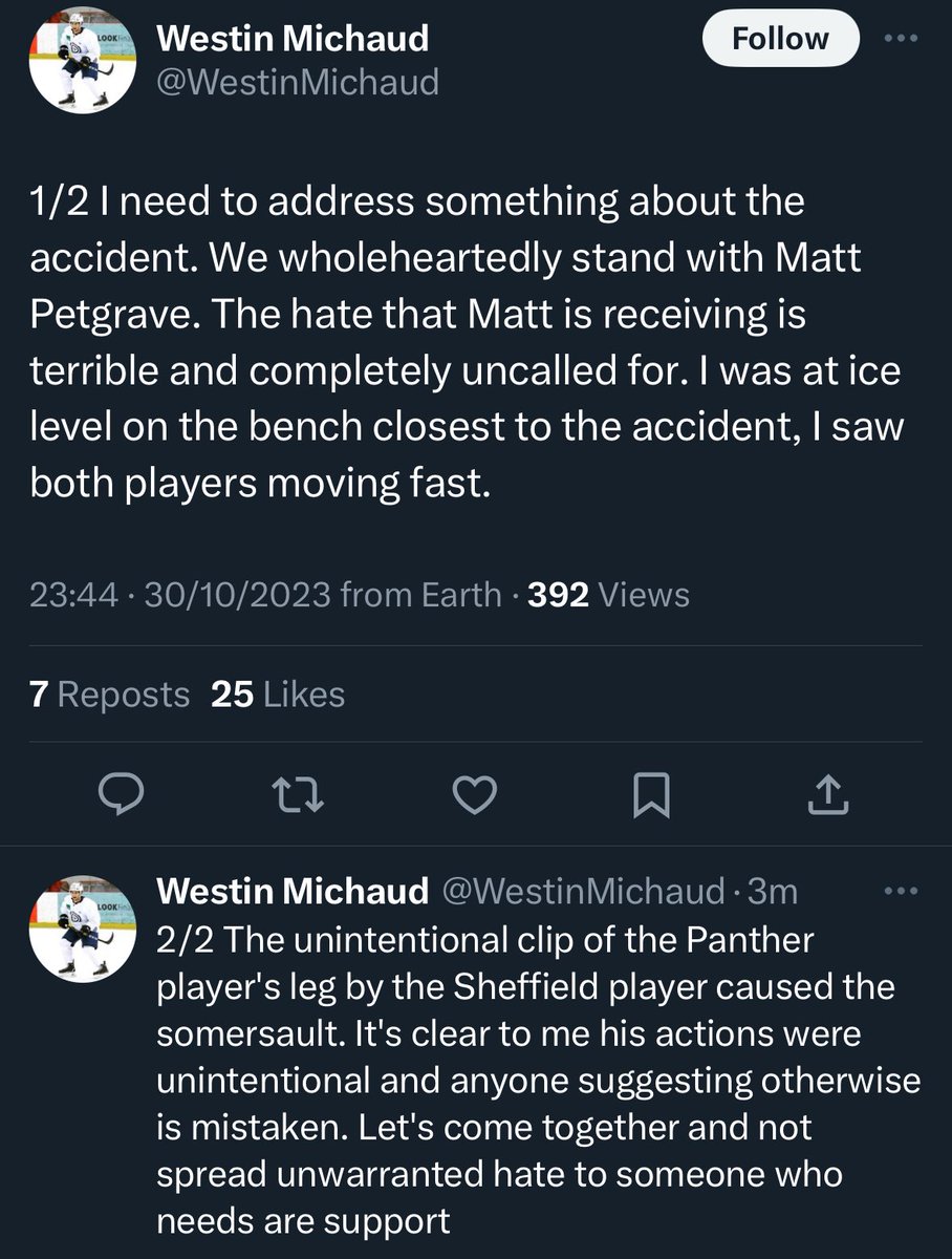 What an incredible human <a href="/WestinMichaud/">Westin Michaud</a> is to come out and say that, knowing full well the level of vitriol and anger he’s leaving himself open to. 

He was on the ice on Saturday. He lost a teammate and Adam Johnson’s death is tragic. But we all stand with Matt Petgrave too. ♥️