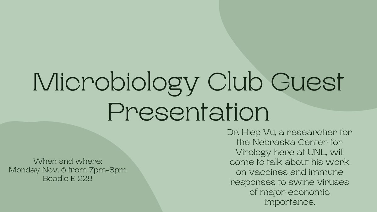 MicrobioUnl's tweet photo. The Microbio club welcomes https://t.co/d0VLdCvThh as a guest speaker to talk about his work with vaccines and immune responses. Excited to see you all there!!!! https://t.co/olyfrjvUq9