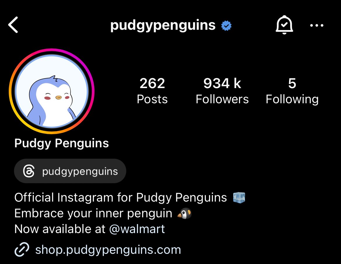 Pretty wild how big the @pudgypenguins Instagram account is. I think only  @binance @cryptocom and @opensea have more followers among crypto brands (?)